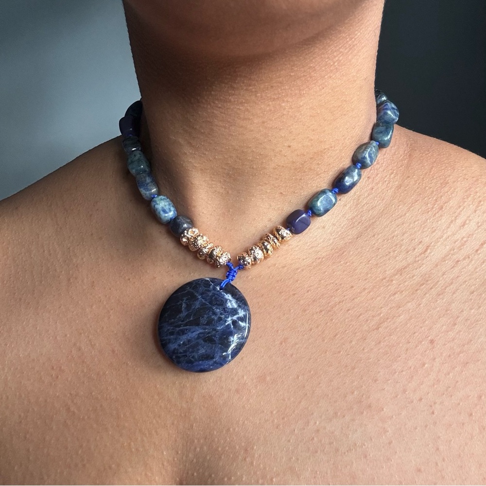 Blue and Gold Sodalite + Blue Spotted Jasper Necklace with Pendant - Picture 3 of 8